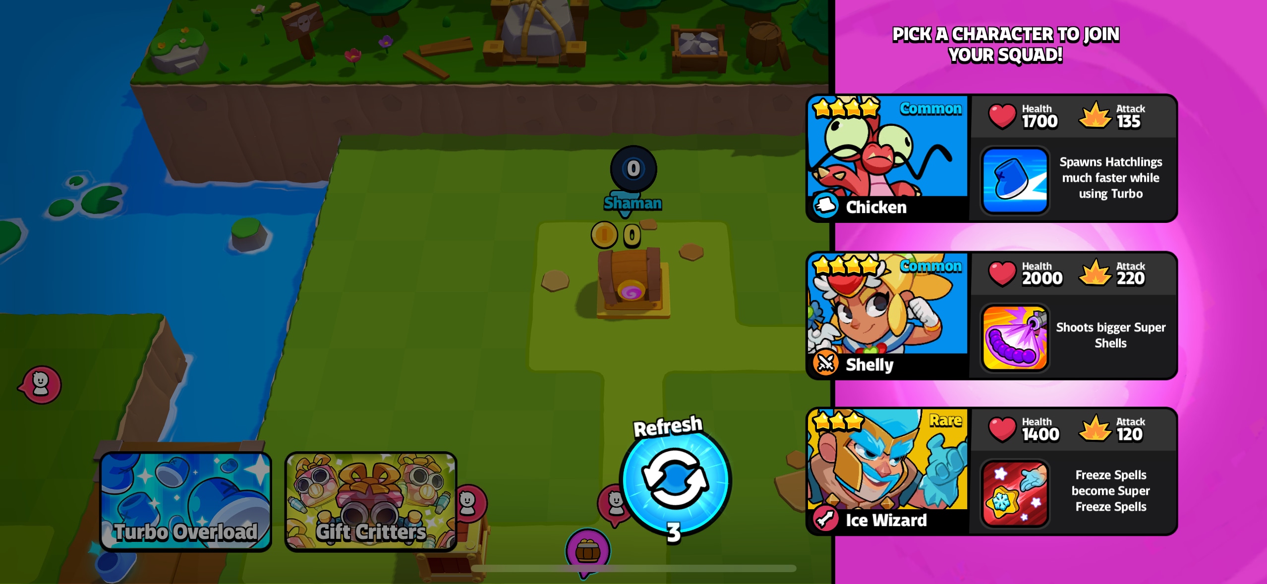 In-game character selection screen. Here could be a visual cue for which of the characters provide synergies.